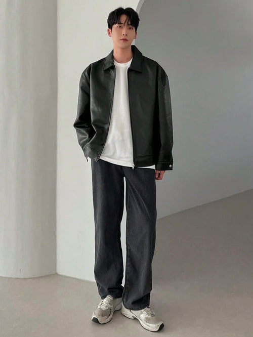 Black boxy leather jacket